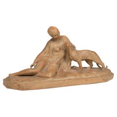 Signed C. Charles Terracotta Sculpture of Reclining Female Figure with Panther
