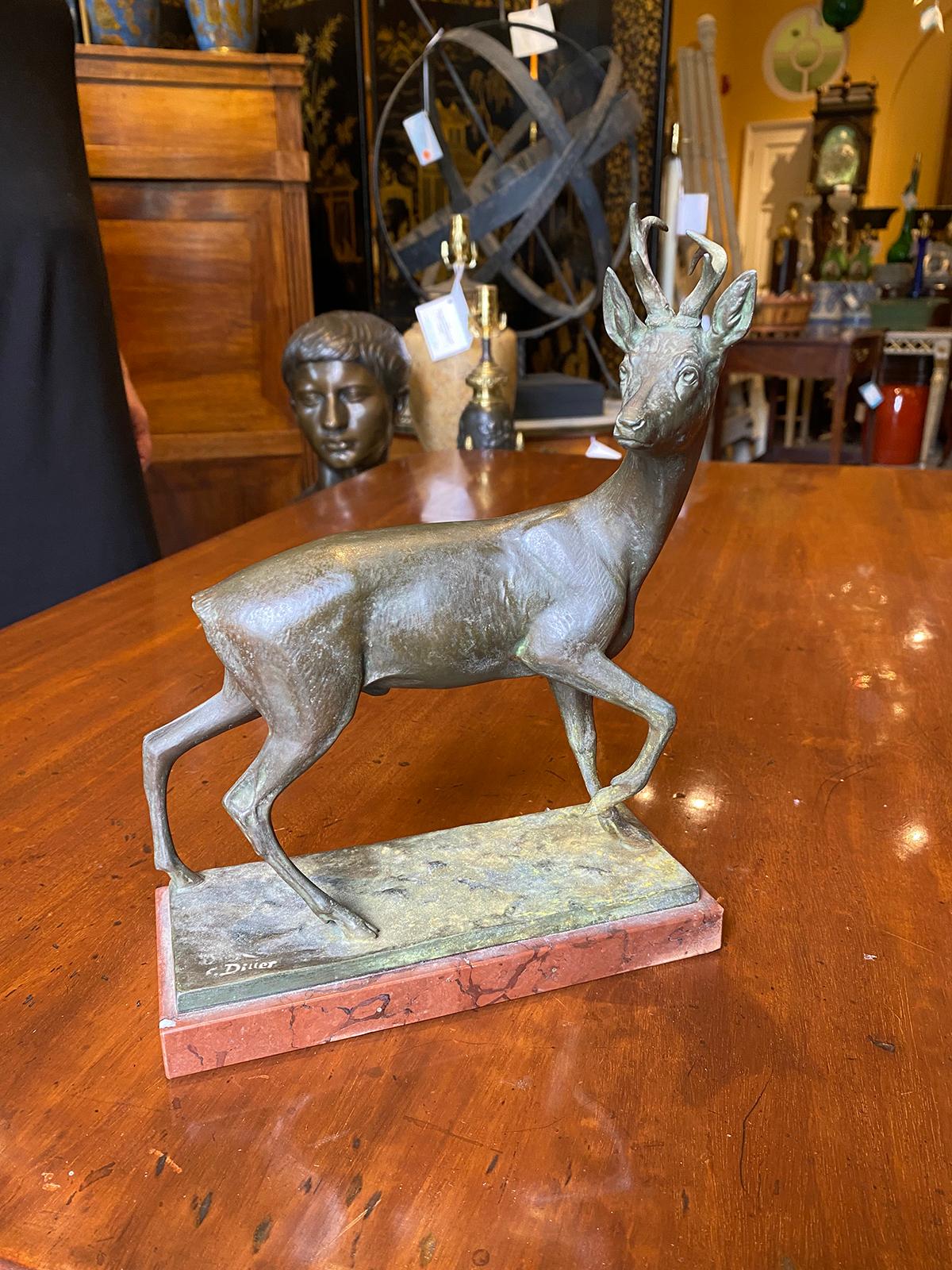 Late 19th-Early 20th century cast metal statue of Stag / Deer Signed by C. Diller.