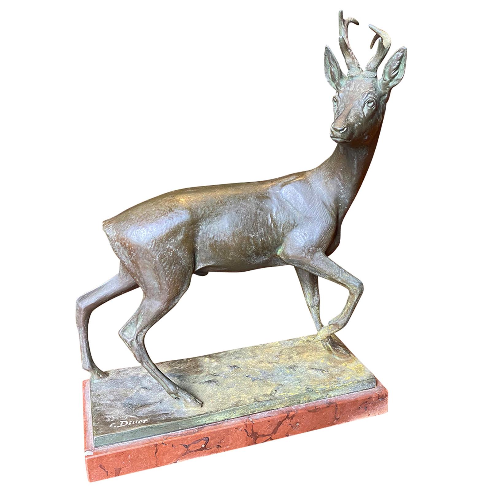 Signed C. Diller Cast Metal Statue of Stag / Deer, Late 19th-Early 20th Century