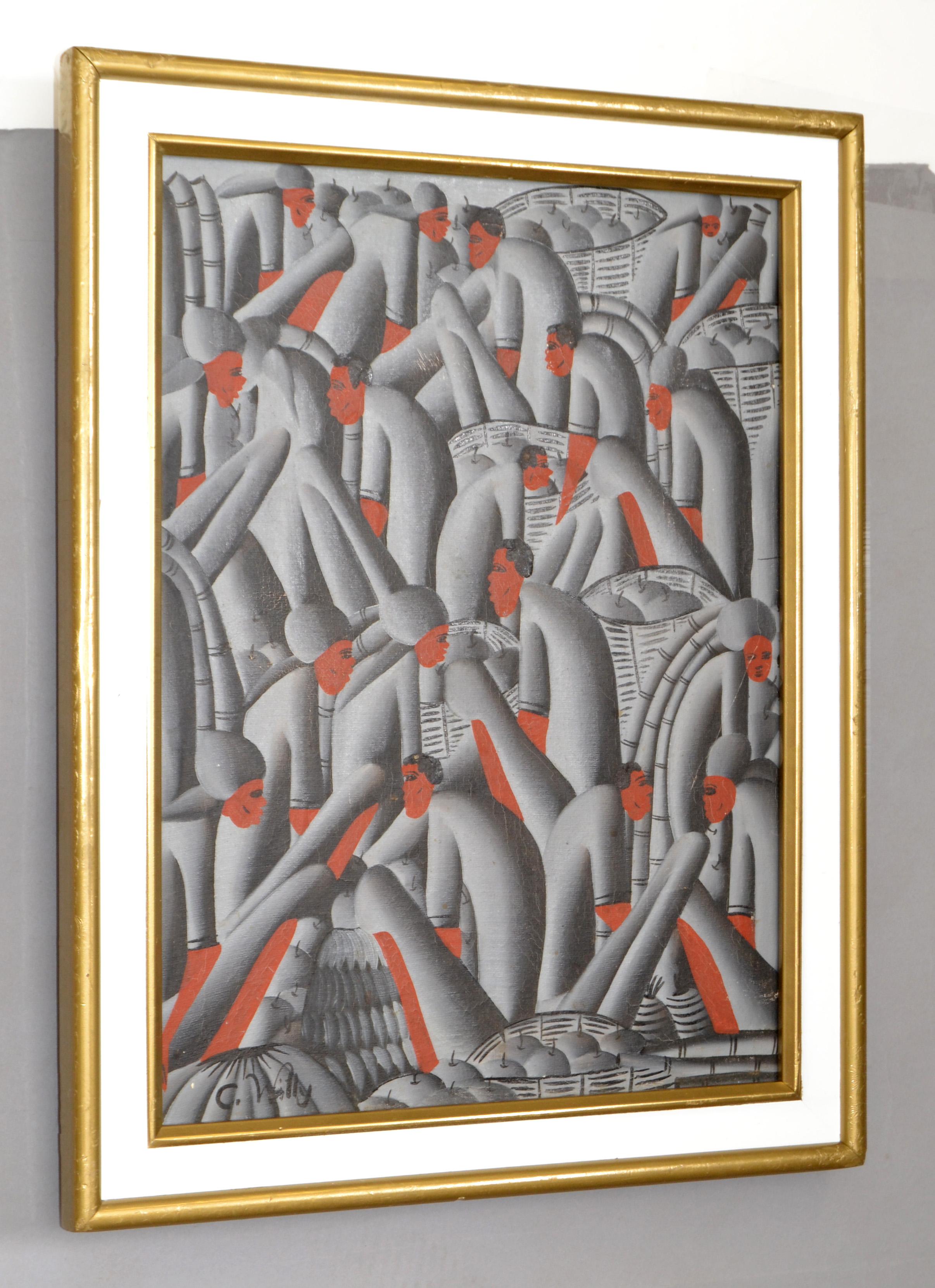 Signed C. Willy Cubism Pop Art Style showing people in gray and black harvesting apples and bananas.
Made in the late 1970s and signed by the Artist at the left bottom corner.
It is framed in giltwood and in original condition with some scratches
