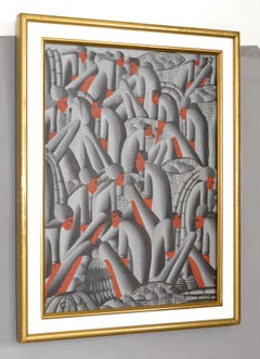 Signed C. Willy Gold Frame Abstract People Harvesting Apples Pop Art on Canvas