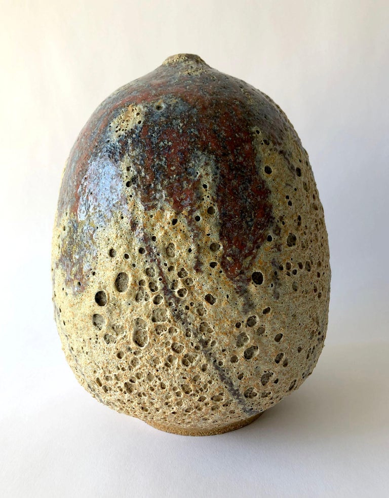 California studio pottery vase with foamy glaze created by Gerrit B. Piece measures 8.5
