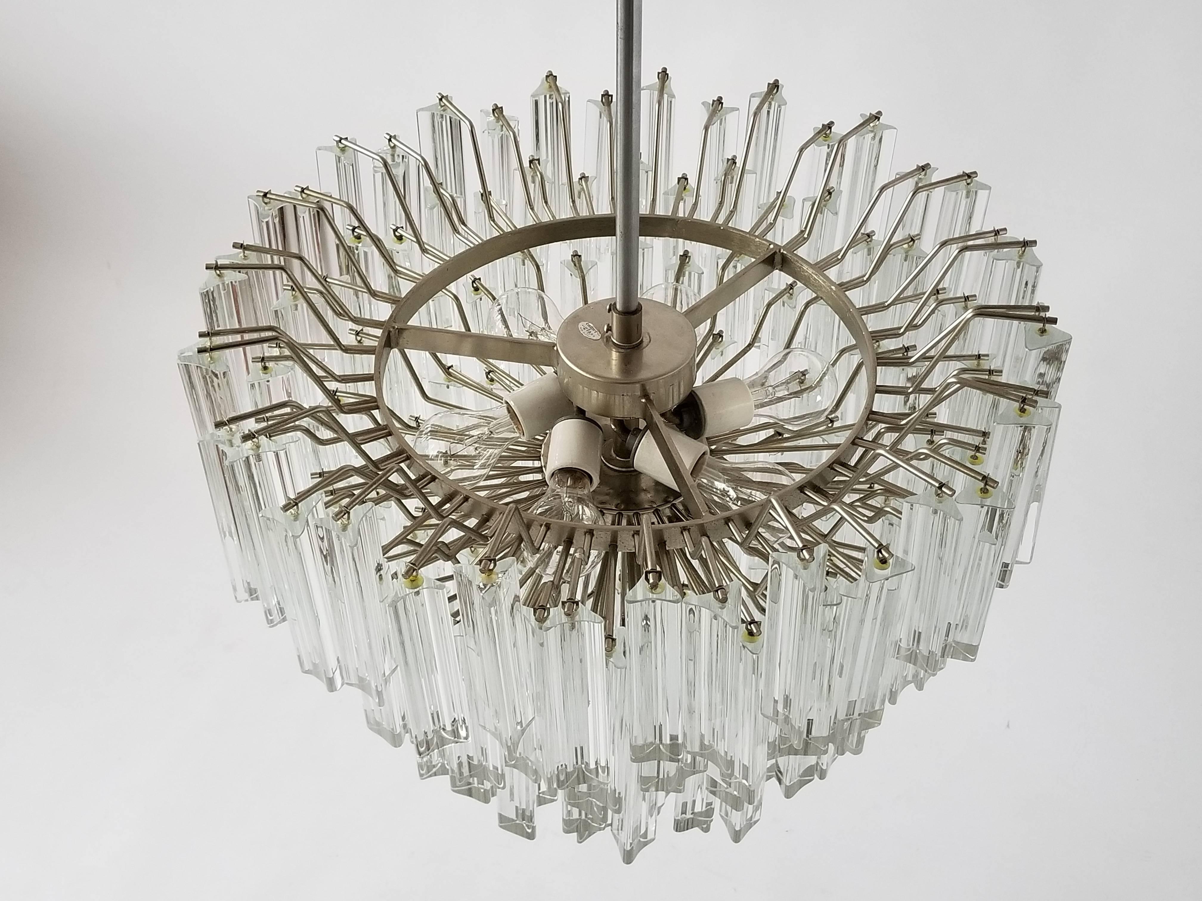 Steel Signed Camer Eight-Tier Glass Prism Chandelier, 1960s, Italia For Sale