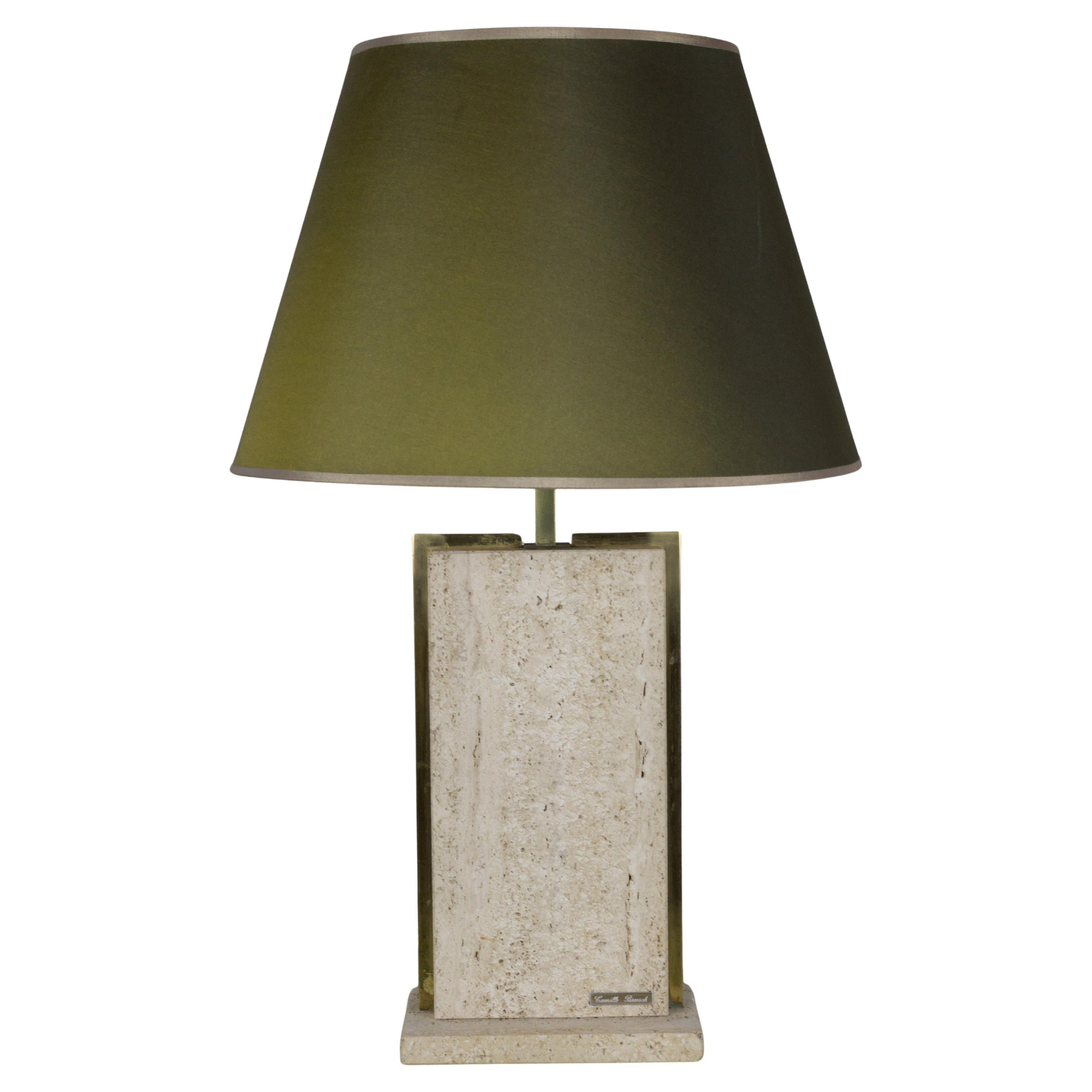 Signed Camille Breesch 1970s Travertine and Brass Lamp