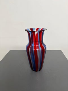 Signed Camp Officine di Murano Red, Blue, and White Striped Art Glass Vase