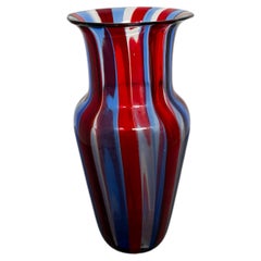 Signed Camp Officine di Murano Red, Blue, and White Striped Art Glass Vase