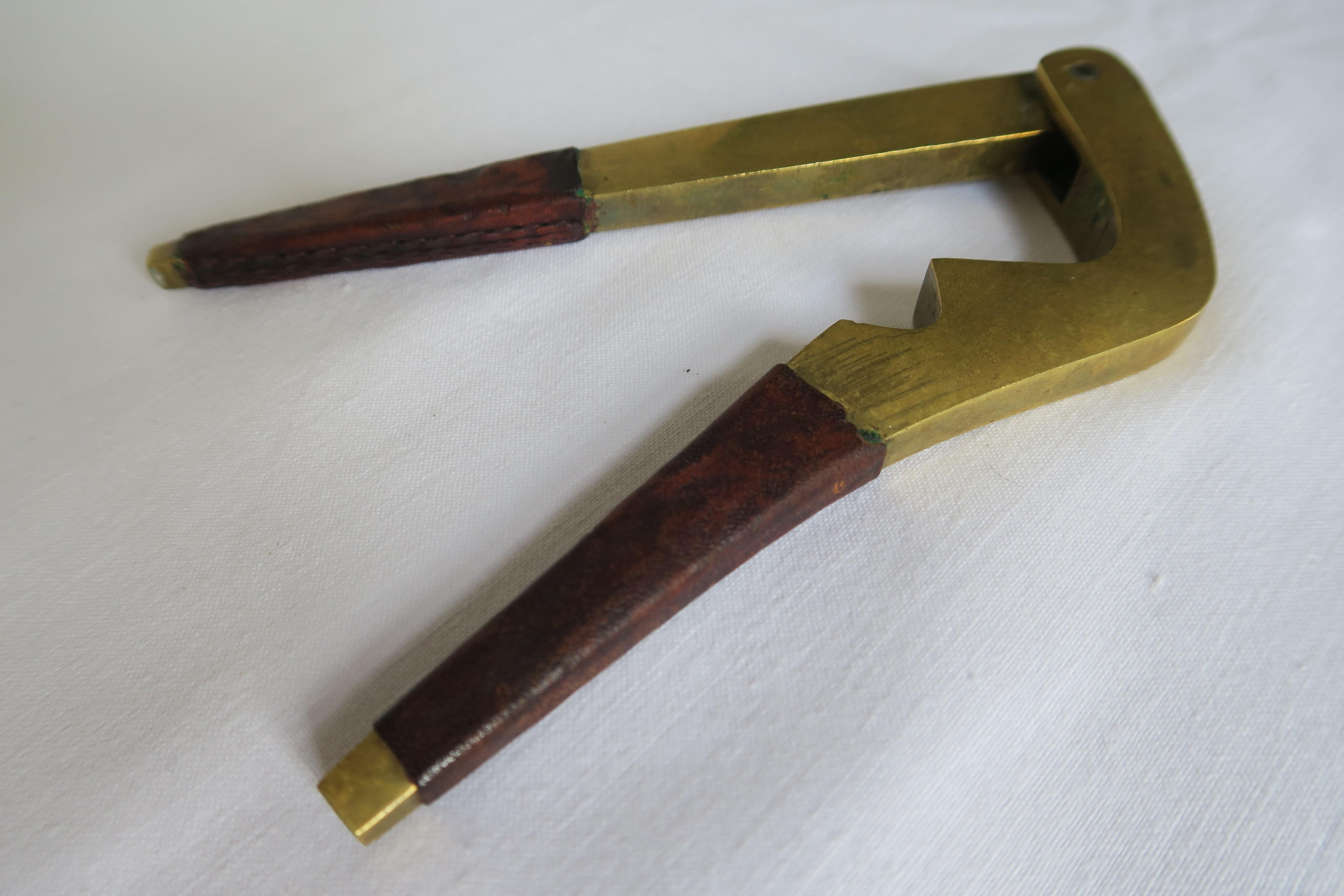 Hand-Crafted Signed Carl Auböck Brass Nutcracker with Leather Handles For Sale