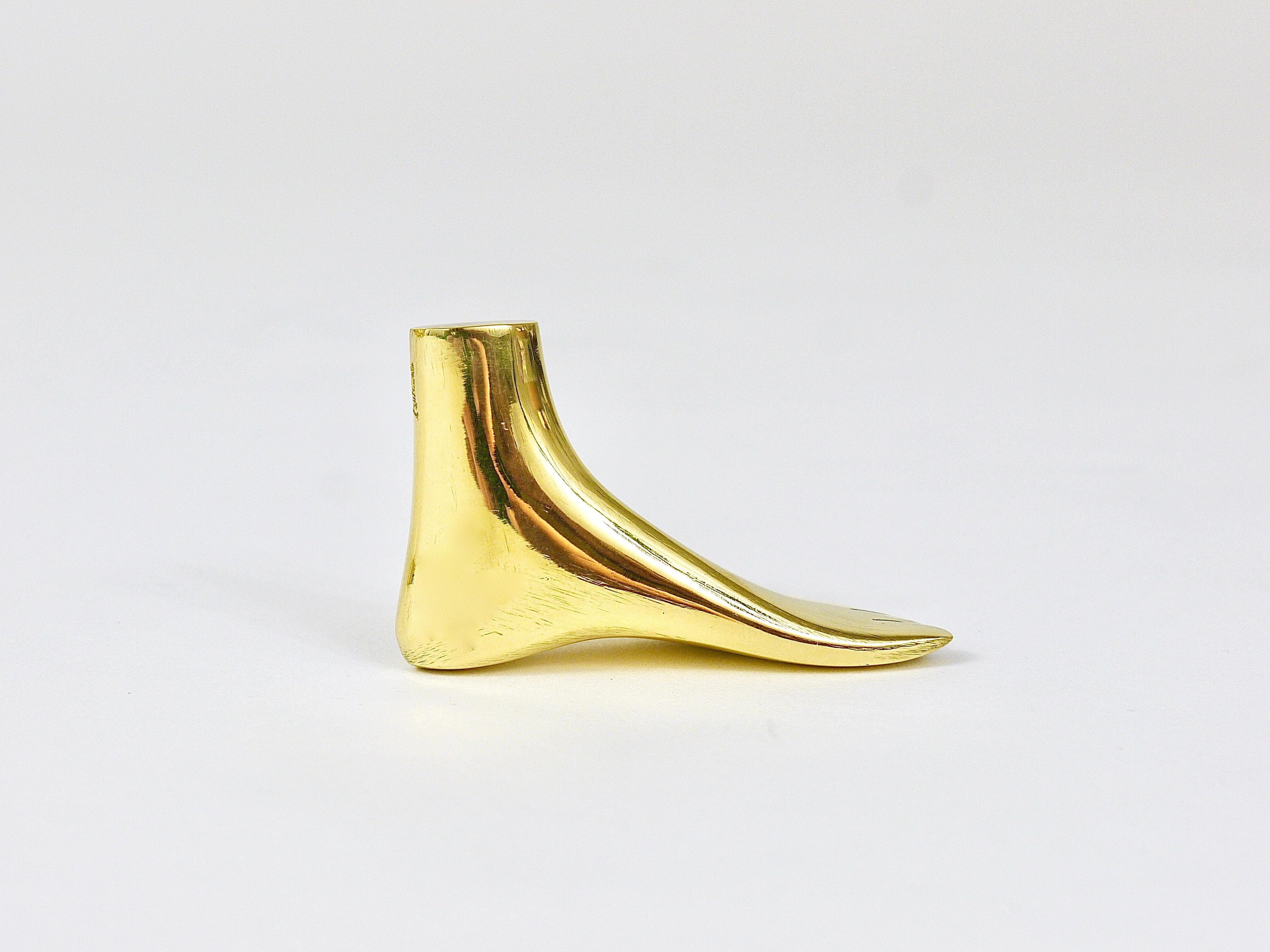 Polished Signed Carl Auböck Midcentury Brass Foot Paperweight Handmade Sculpture For Sale