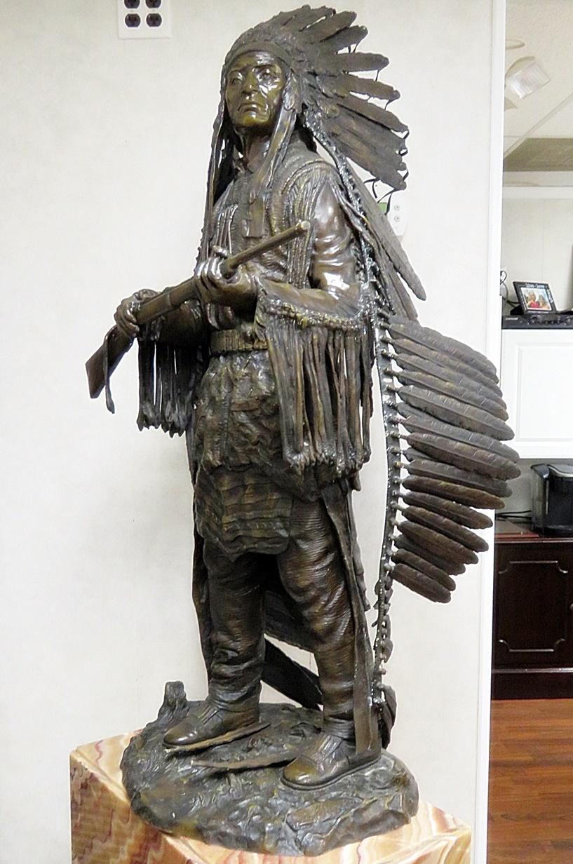 Signed Carl Kauba Bronze Indian Chief with Headress and Rifle Sculpture 6