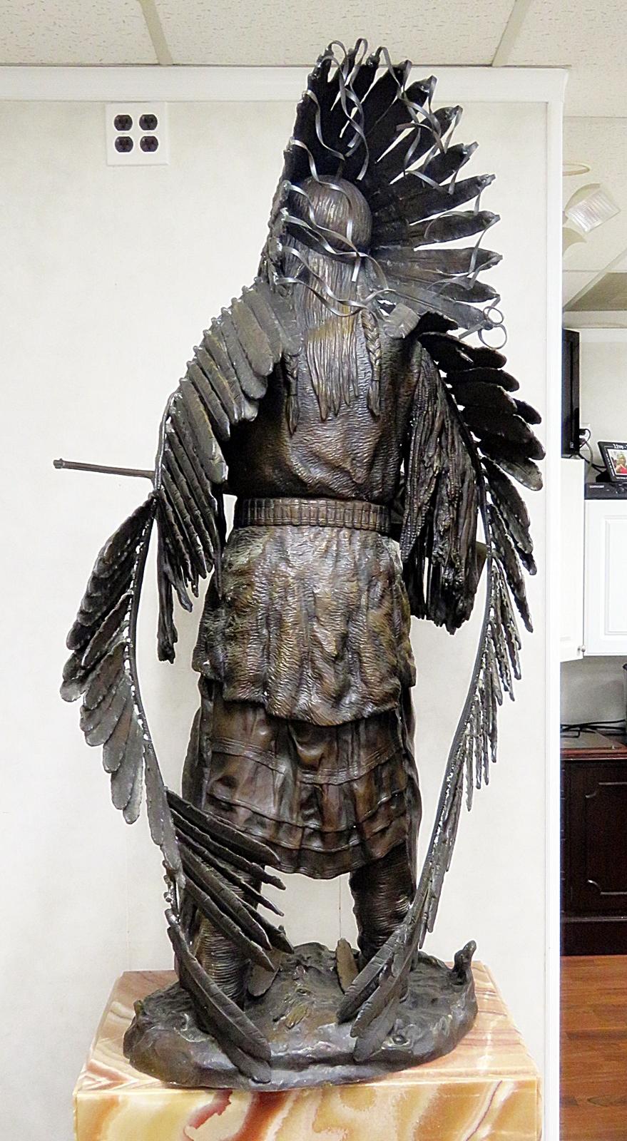 Austrian Signed Carl Kauba Bronze Indian Chief with Headress and Rifle Sculpture