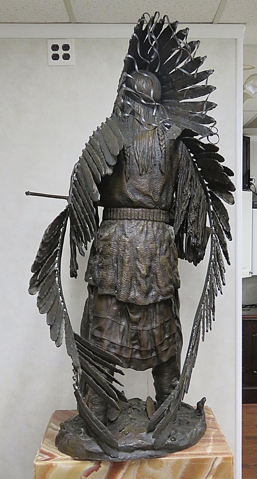 Signed Carl Kauba Bronze Indian Chief with Headress and Rifle Sculpture In Good Condition In Swedesboro, NJ
