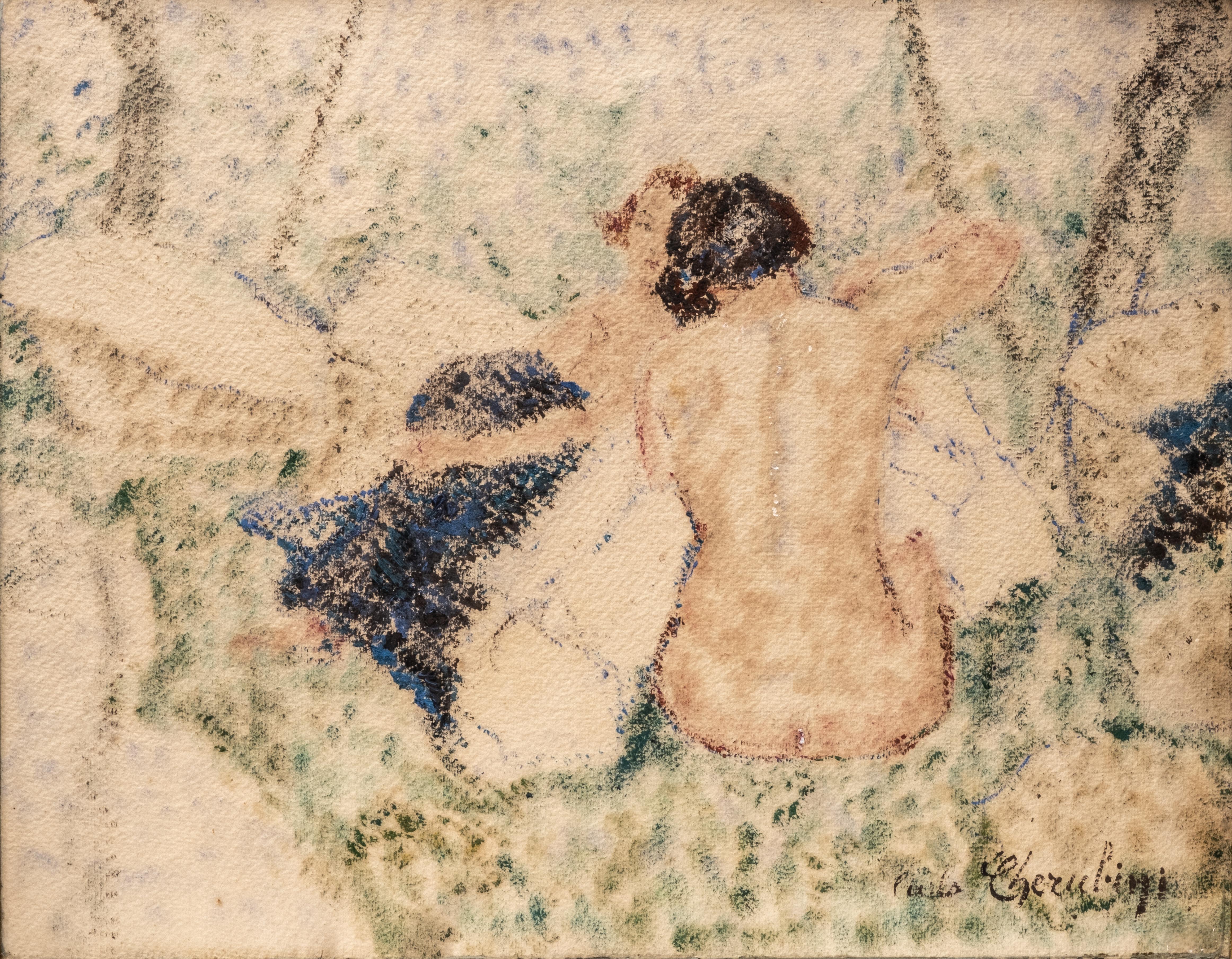 Italian Signed Carlo Cherubini Pastel on Paper Drawing, Two Nude Women 