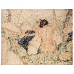 Dessin au pastel sur papier signé de Carlo Cherubini, deux femmes nues