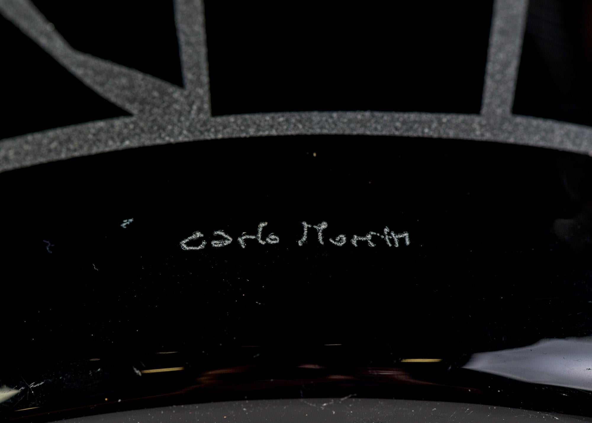 Signed Carlo Moretti Murano Glass Black Vase with Etching + Cream Interior in vendita 2