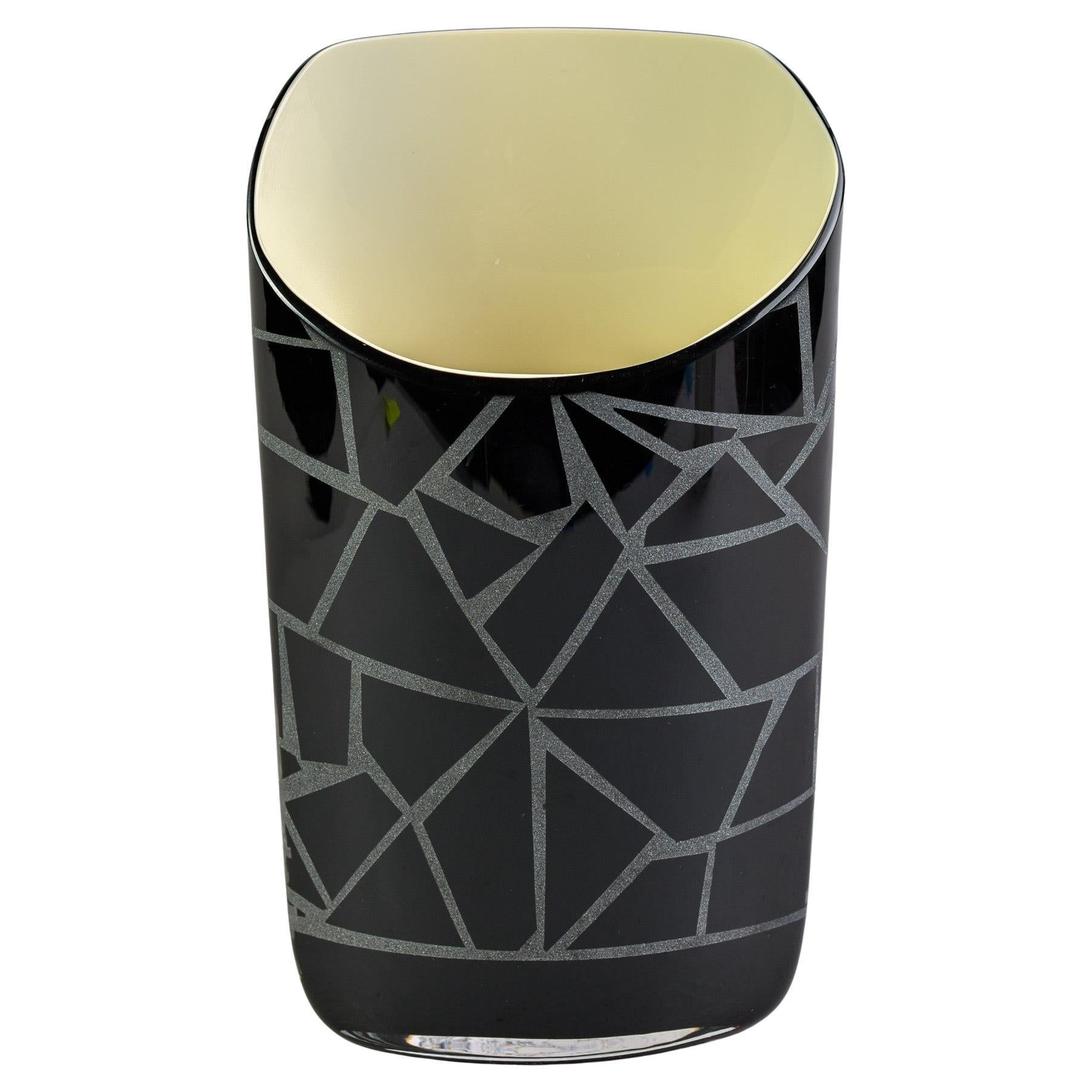 Signed Carlo Moretti Murano Glass Black Vase with Etching + Cream Interior