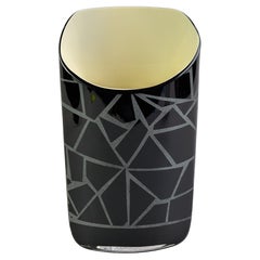 Signed Carlo Moretti Murano Glass Black Vase with Etching + Cream Interior