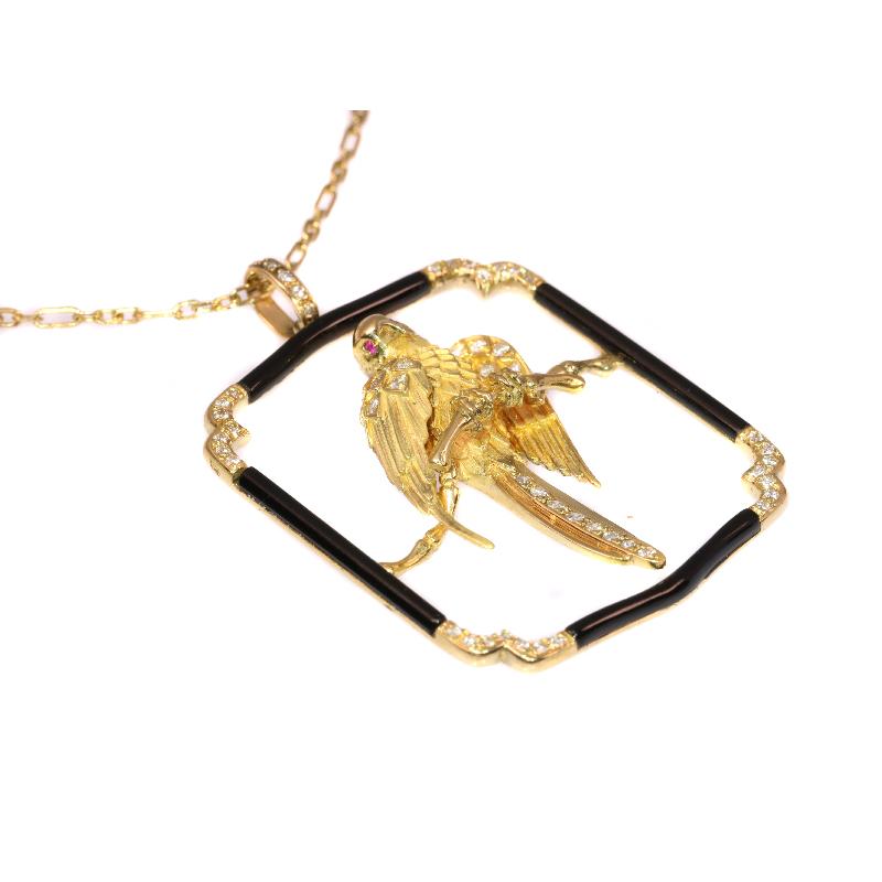 Signed Carrera Y Carrera Onyx and Diamond Gold Parrot Necklace, 1975s In Excellent Condition For Sale In Antwerp, BE