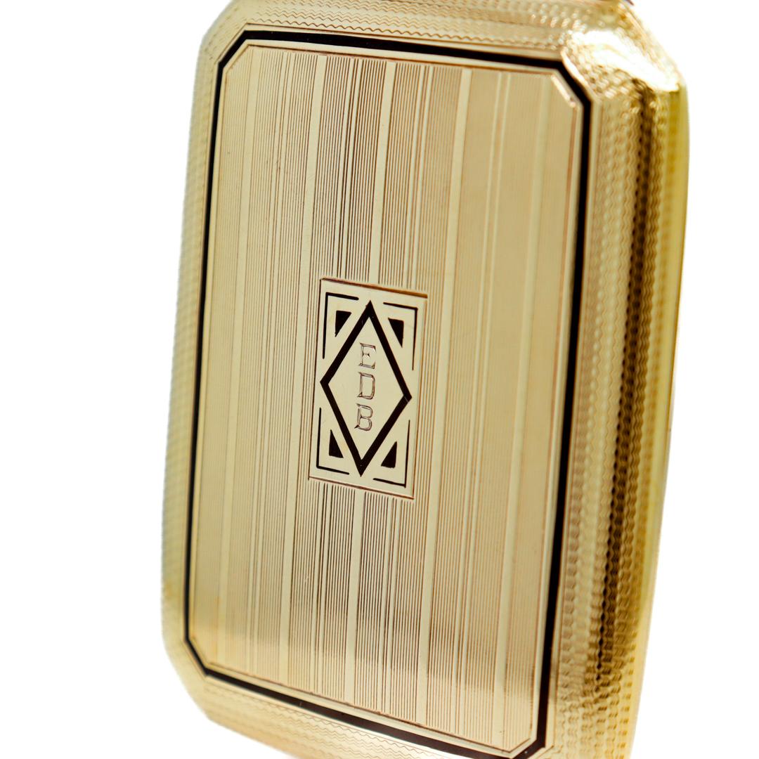 Signed Carrington Antique Art Deco 14k Gold & Black Enamel Decorated Hinged Box For Sale 9