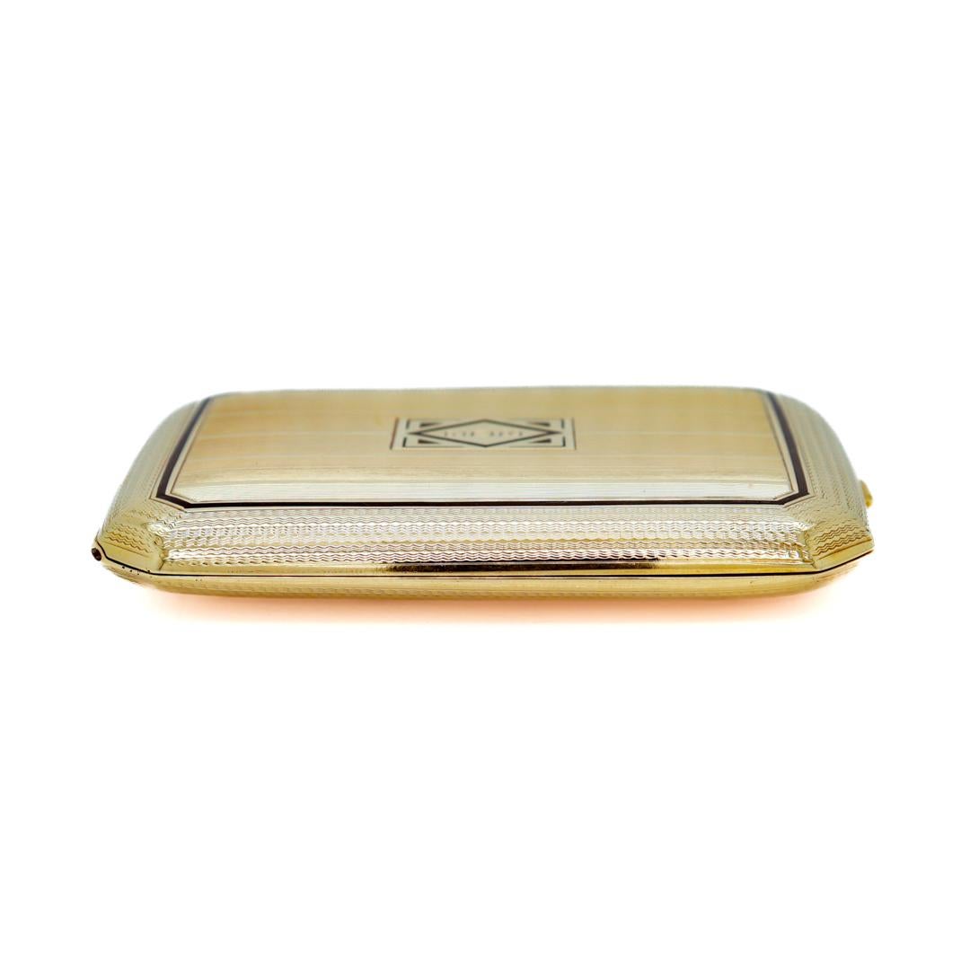 Women's or Men's Signed Carrington Antique Art Deco 14k Gold & Black Enamel Decorated Hinged Box For Sale
