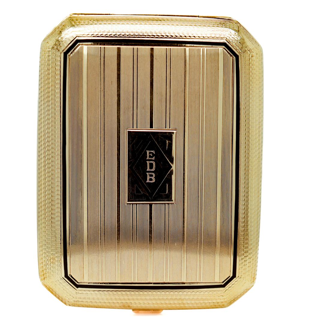 Signed Carrington Antique Art Deco 14k Gold & Black Enamel Decorated Hinged Box For Sale 3