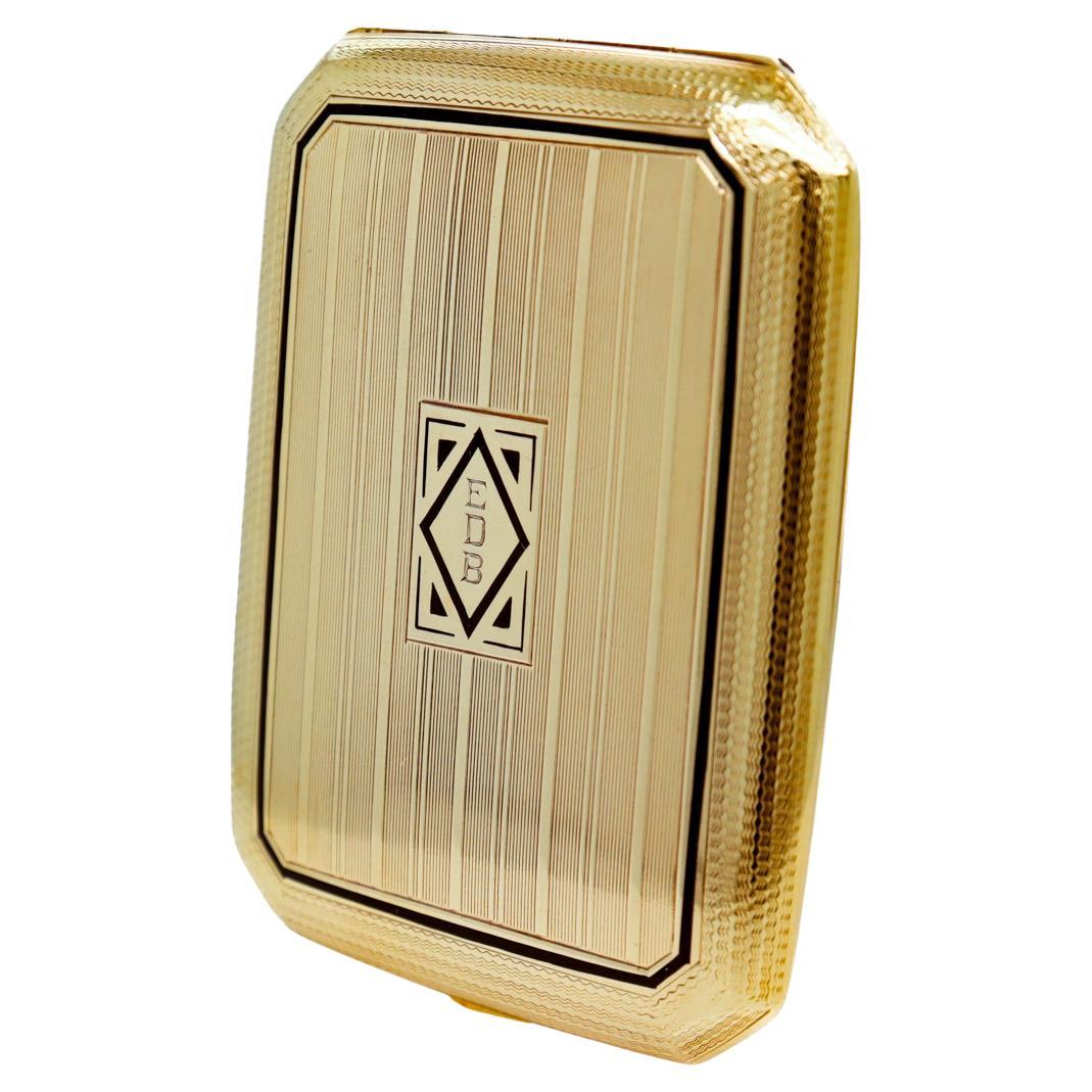 Signed Carrington Antique Art Deco 14k Gold & Black Enamel Decorated Hinged Box