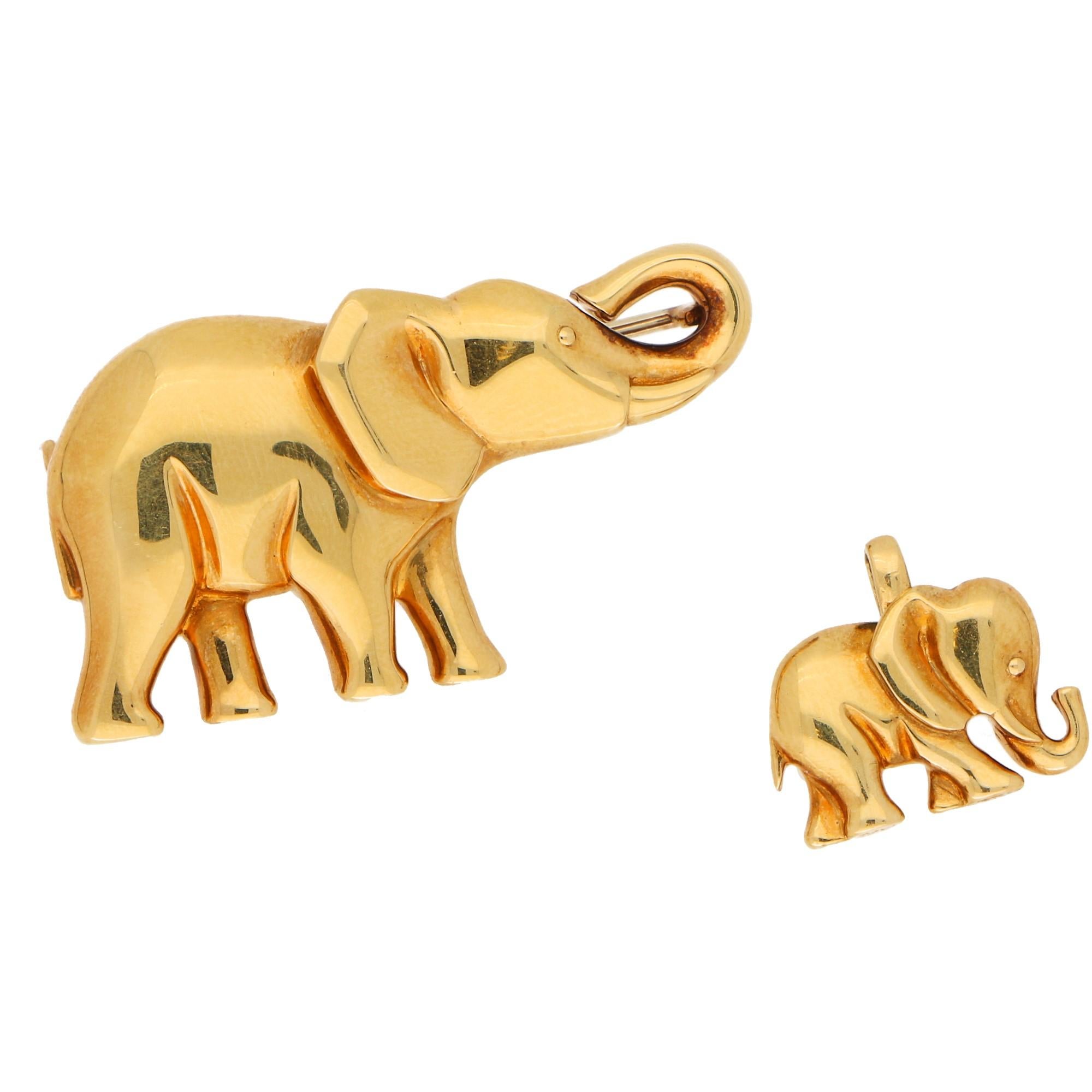 A charming Cartier elephant with calf brooch set in 18 karat yellow gold, circa 1990. The brooch is designed as an adult mother elephant and its calf, in polished yellow gold. 

The reason this brooch is so beautiful is down to the design! The calf