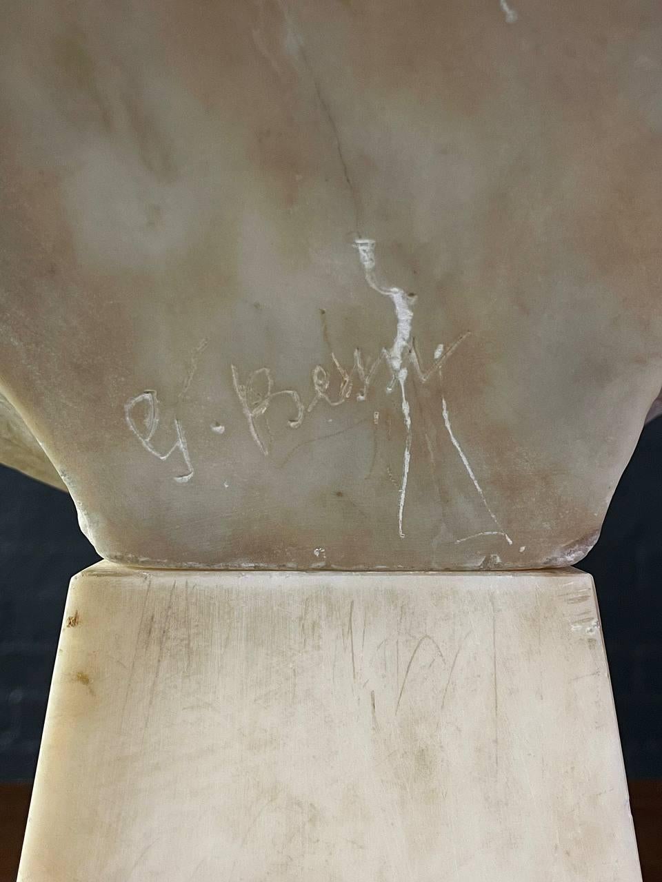 Signed Carved Alabaster Neoclassical Sculpture of Giuseppe Bessi Bust on Stand 5
