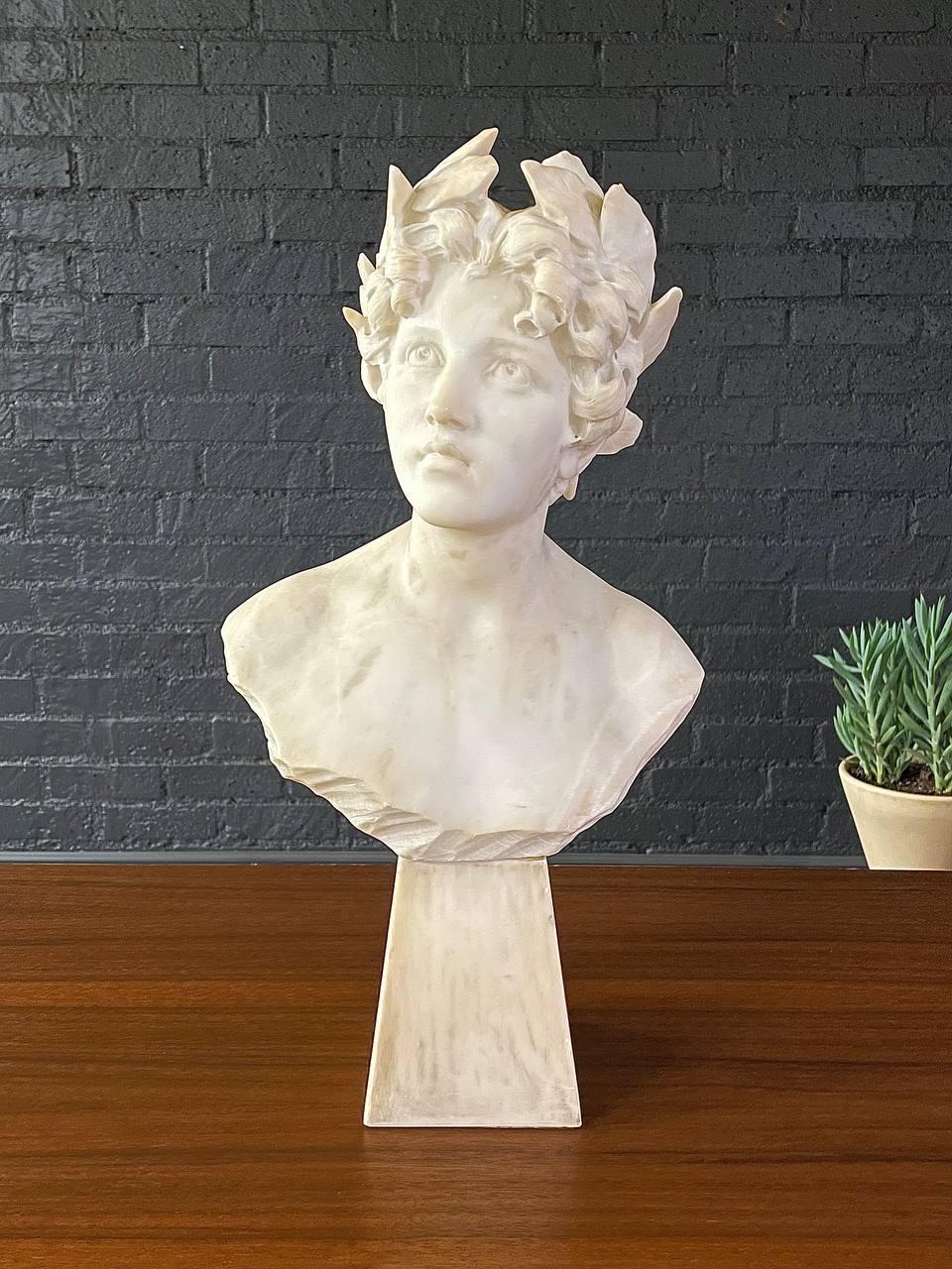 French Signed Carved Alabaster Neoclassical Sculpture of Giuseppe Bessi Bust on Stand