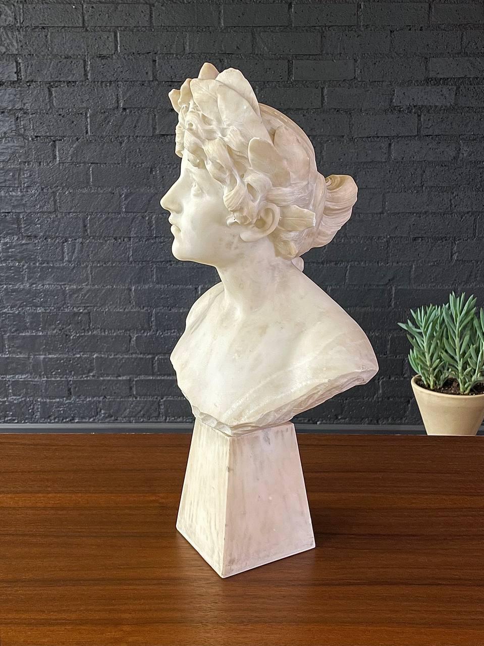 Signed Carved Alabaster Neoclassical Sculpture of Giuseppe Bessi Bust on Stand In Good Condition In Los Angeles, CA