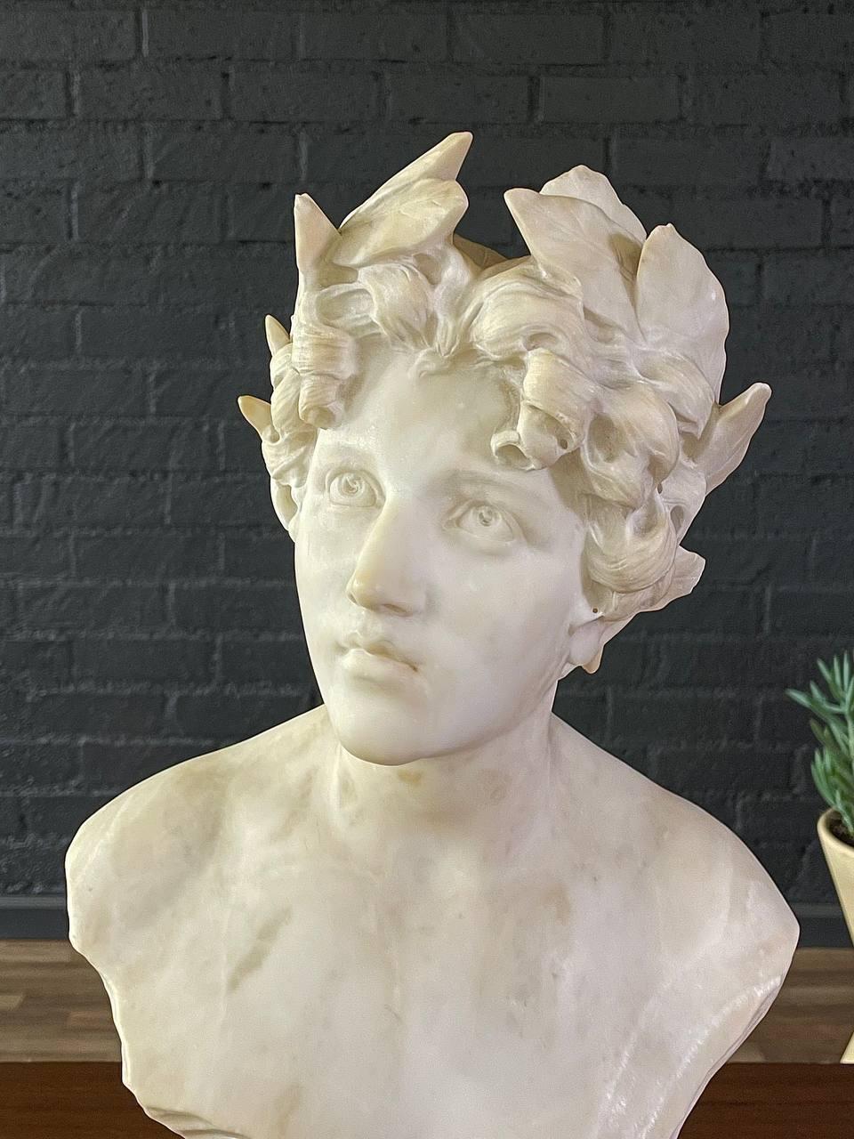 Signed Carved Alabaster Neoclassical Sculpture of Giuseppe Bessi Bust on Stand 1