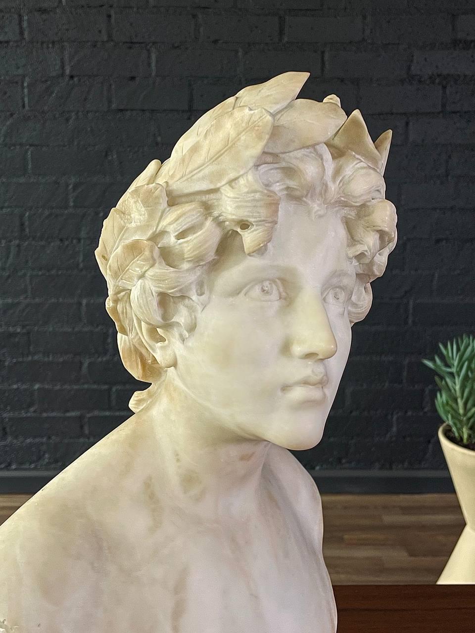 Signed Carved Alabaster Neoclassical Sculpture of Giuseppe Bessi Bust on Stand 2