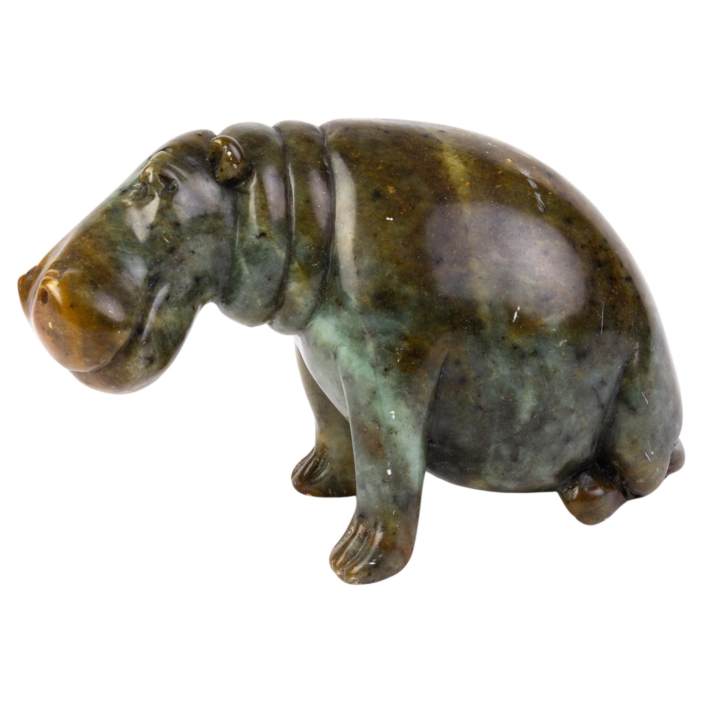Signed Carved Hardstone African Seated Hippo Sculpture  For Sale