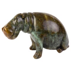 Signed Carved Hardstone African Seated Hippo Sculpture 