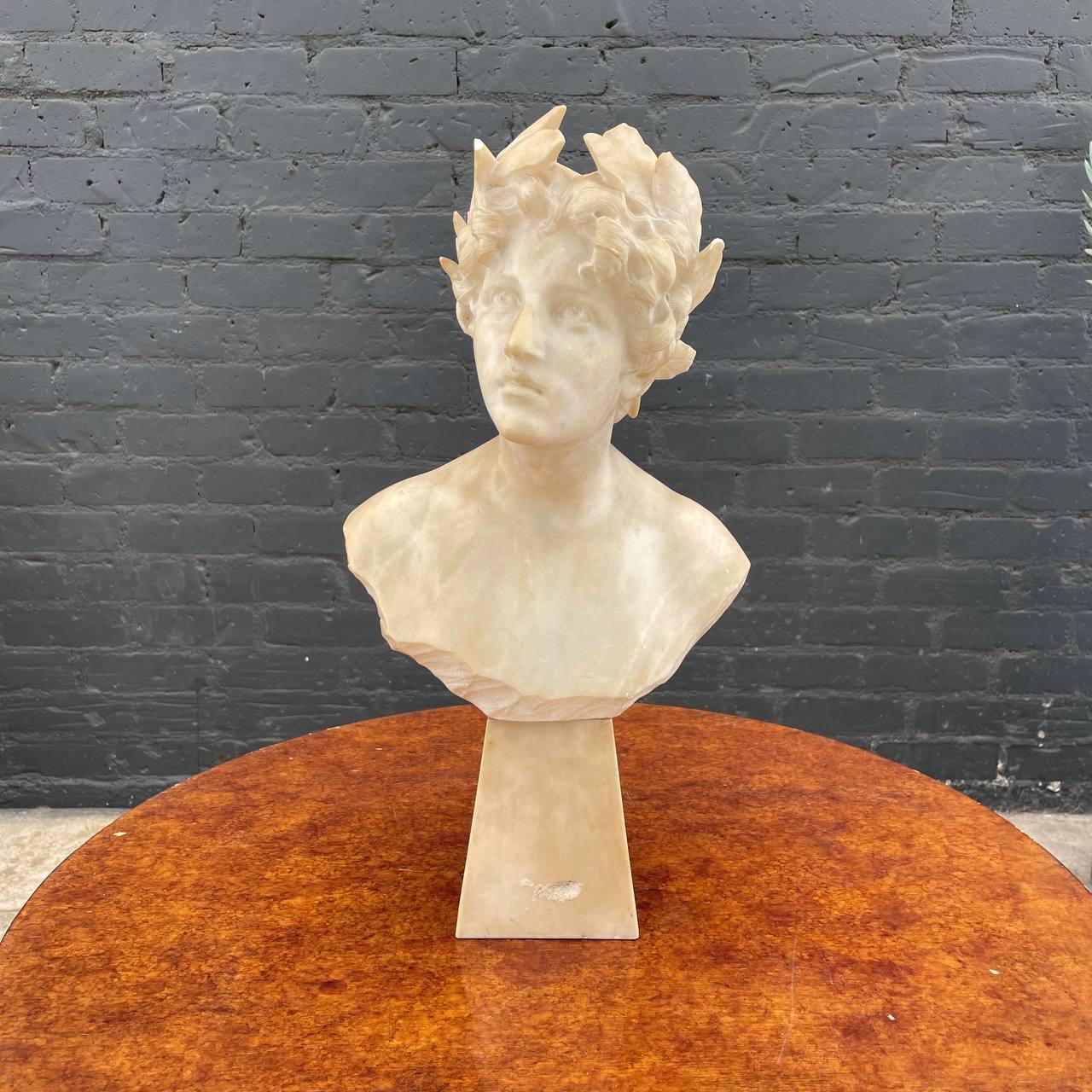 French Signed Carved Alabaster Neoclassical Sculpture of Giuseppe Bessi Bust on Stand For Sale