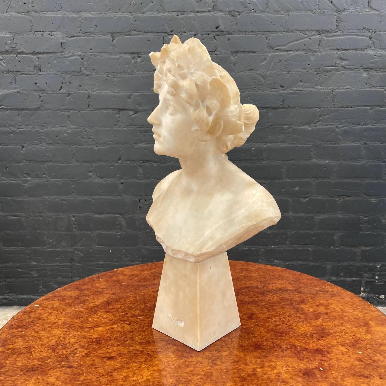 Signed Carved Alabaster Neoclassical Sculpture of Giuseppe Bessi Bust on Stand In Good Condition For Sale In Los Angeles, CA