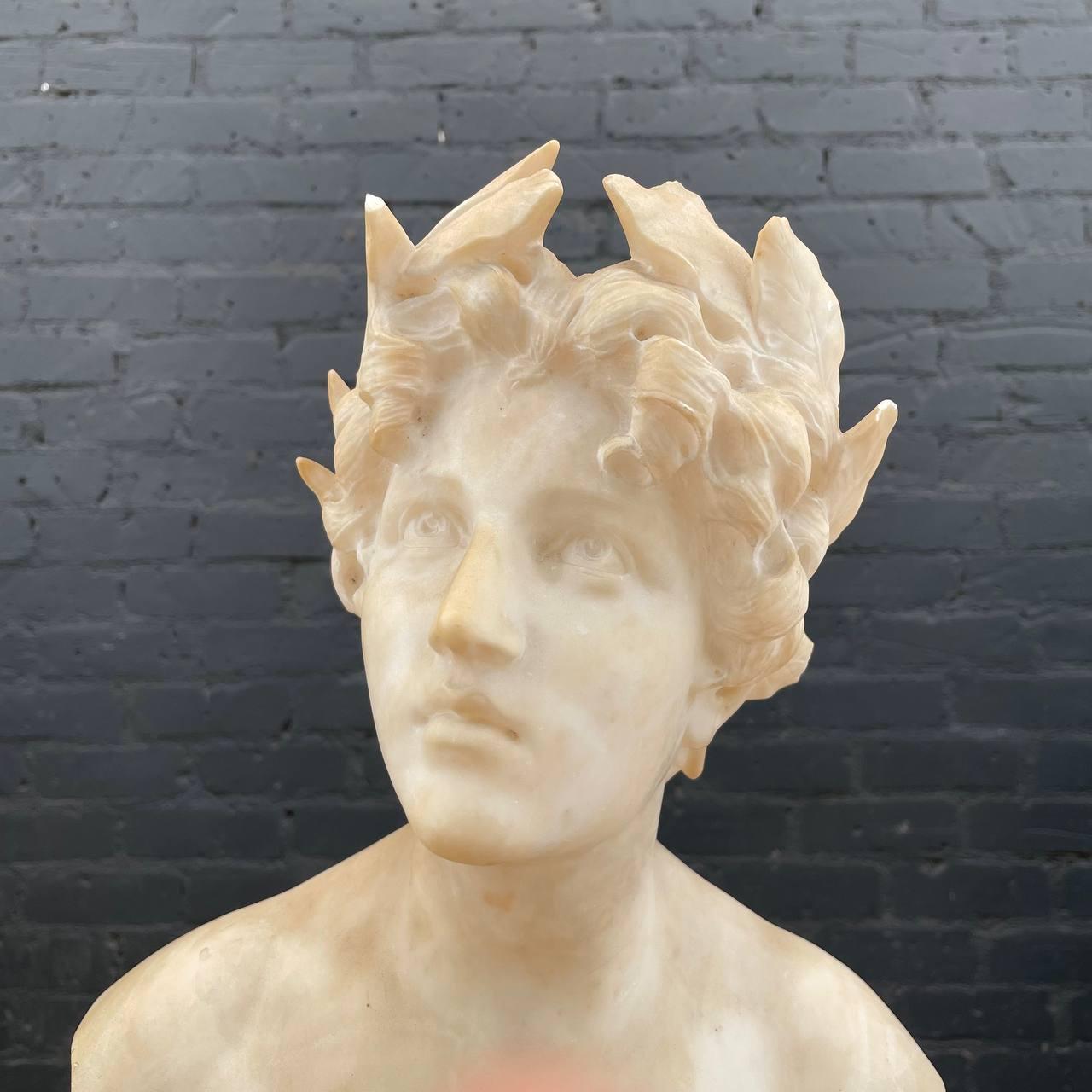 Signed Carved Alabaster Neoclassical Sculpture of Giuseppe Bessi Bust on Stand For Sale 2