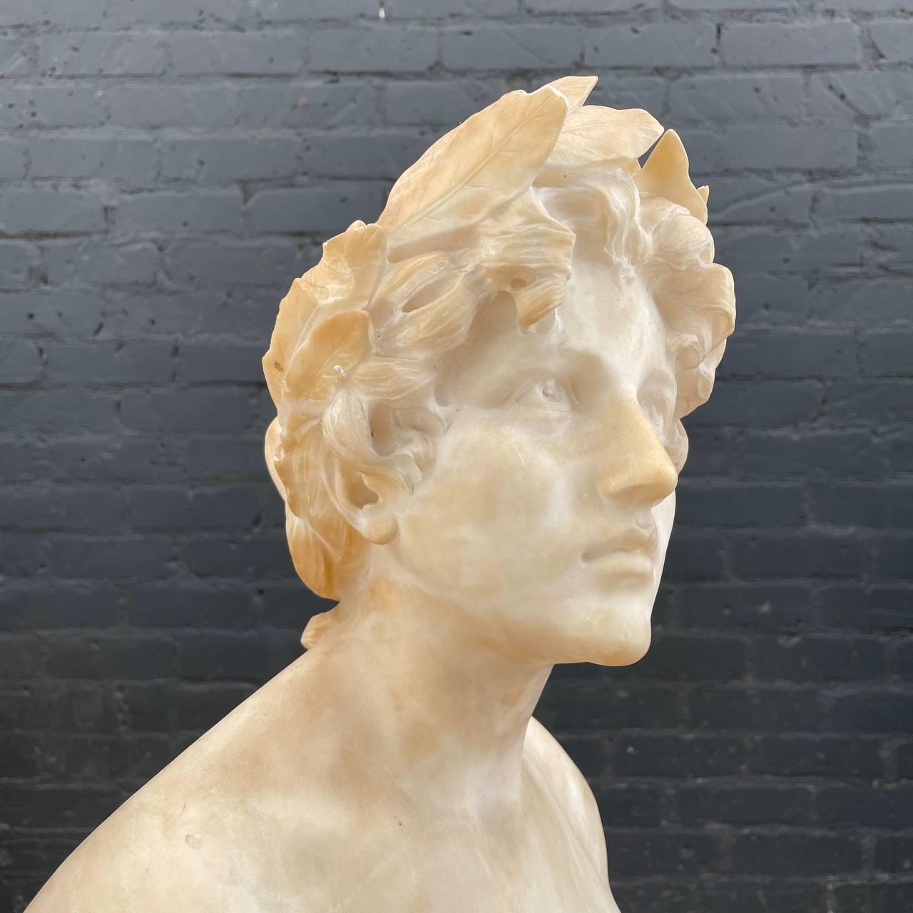 Signed Carved Alabaster Neoclassical Sculpture of Giuseppe Bessi Bust on Stand For Sale 3