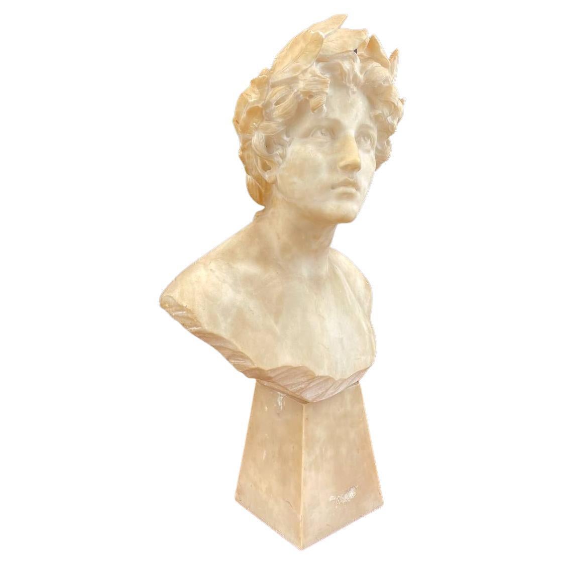 Signed Carved Alabaster Neoclassical Sculpture of Giuseppe Bessi Bust on Stand For Sale