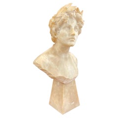 Signed Carved Alabaster Neoclassical Sculpture of Giuseppe Bessi Bust on Stand