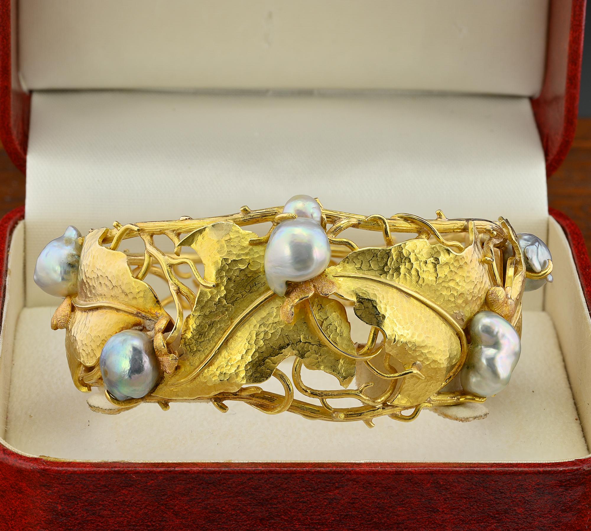 Contemporary  Signed Cecconi Leaf and Pearl 18 KT Mid-century Bangle For Sale