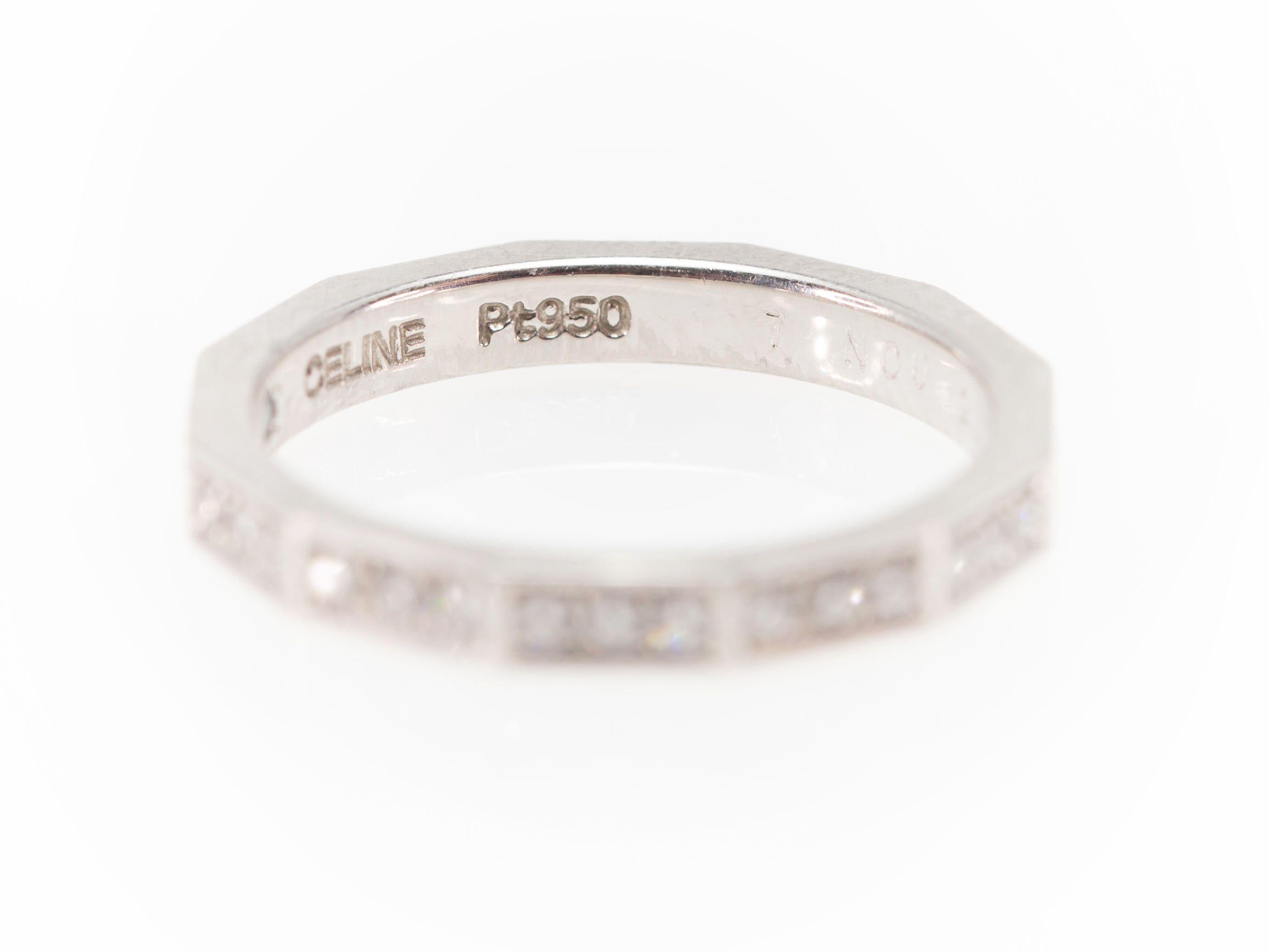 Round Cut Signed Celine Octagonal Half Diamond and Platinum Wedding Band Ring