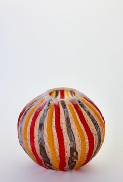 Signed Cenedese 'a Scavo' Red, Yellow & Black Italian Murano Glass Vase 1989