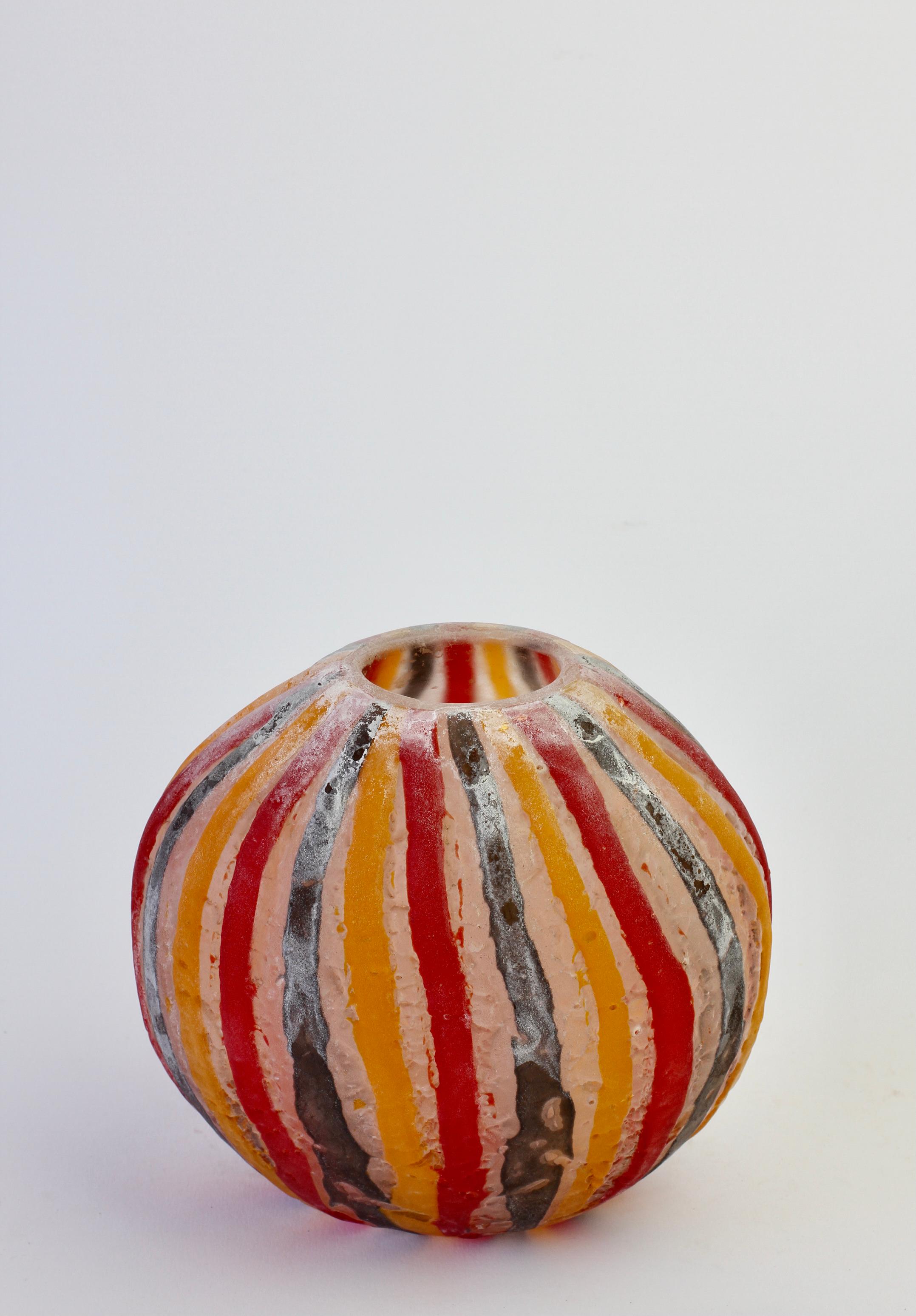 Mid-Century Modern Signed Cenedese 'a Scavo' Red, Yellow & Black Italian Murano Glass Vase 1989 For Sale