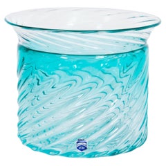 Signed Cenedese Aquamarine Ribbed Balloton Murano Glass Vase, Italy, Circa 1960