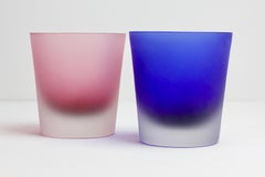 Signed Cenedese Frosted Glass Scavo His and Her's Pink & Blue Colored Glasses