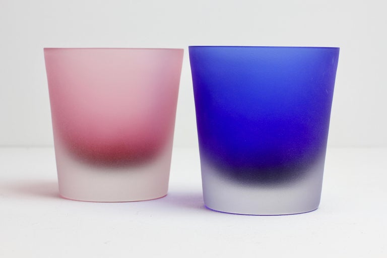 Cenedese extremely rare 'His and Hers' drinking glasses in pink and blue coloured frosted glass. Perfect as a gift - just imagine a romantic evening in front of the fire sipping your favourite tipple - a whisky or brandy - from these most beautiful