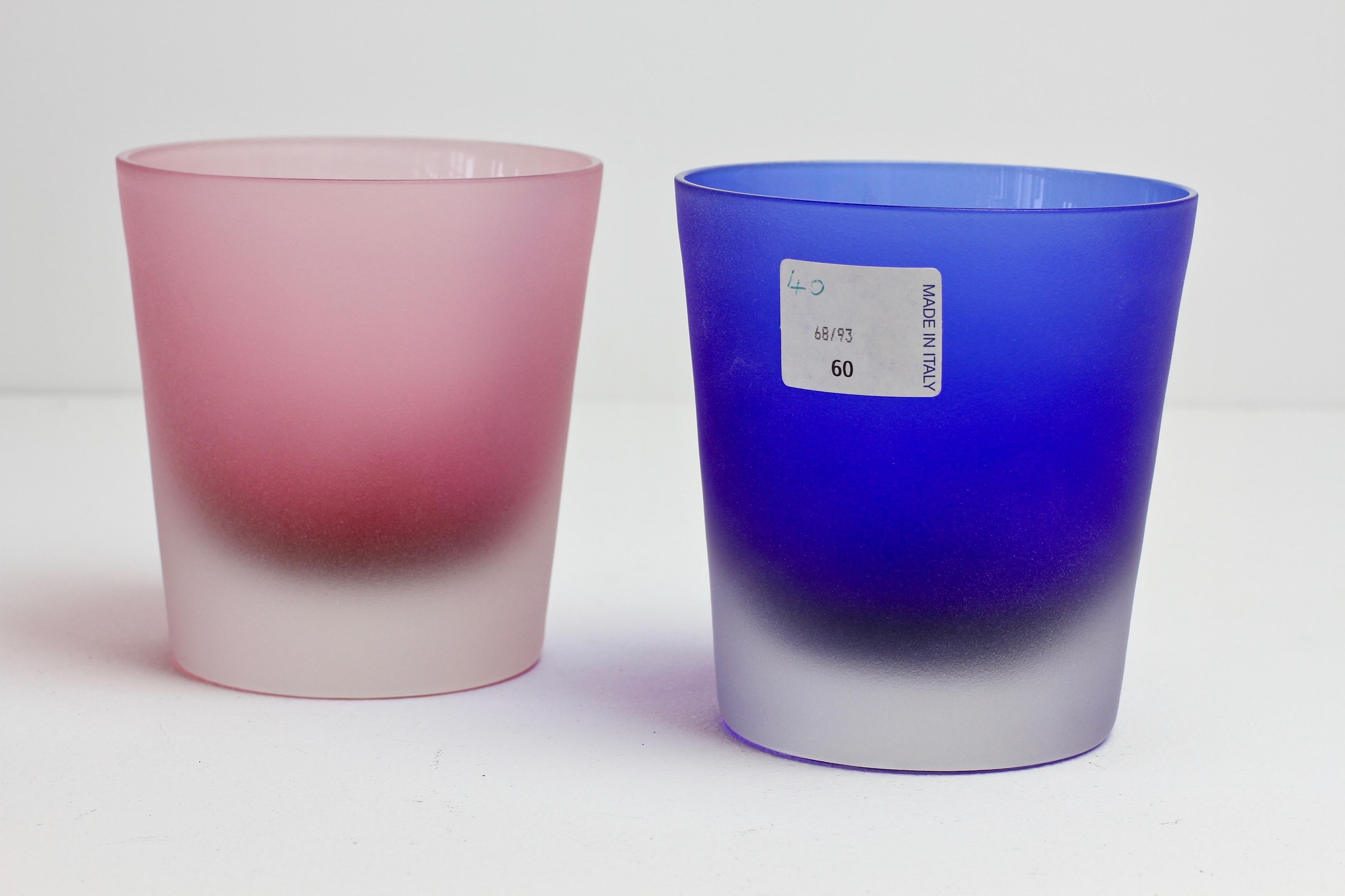 Mid-Century Modern Signed Cenedese Frosted Glass Scavo His and Her's Pink & Blue Colored Glasses For Sale