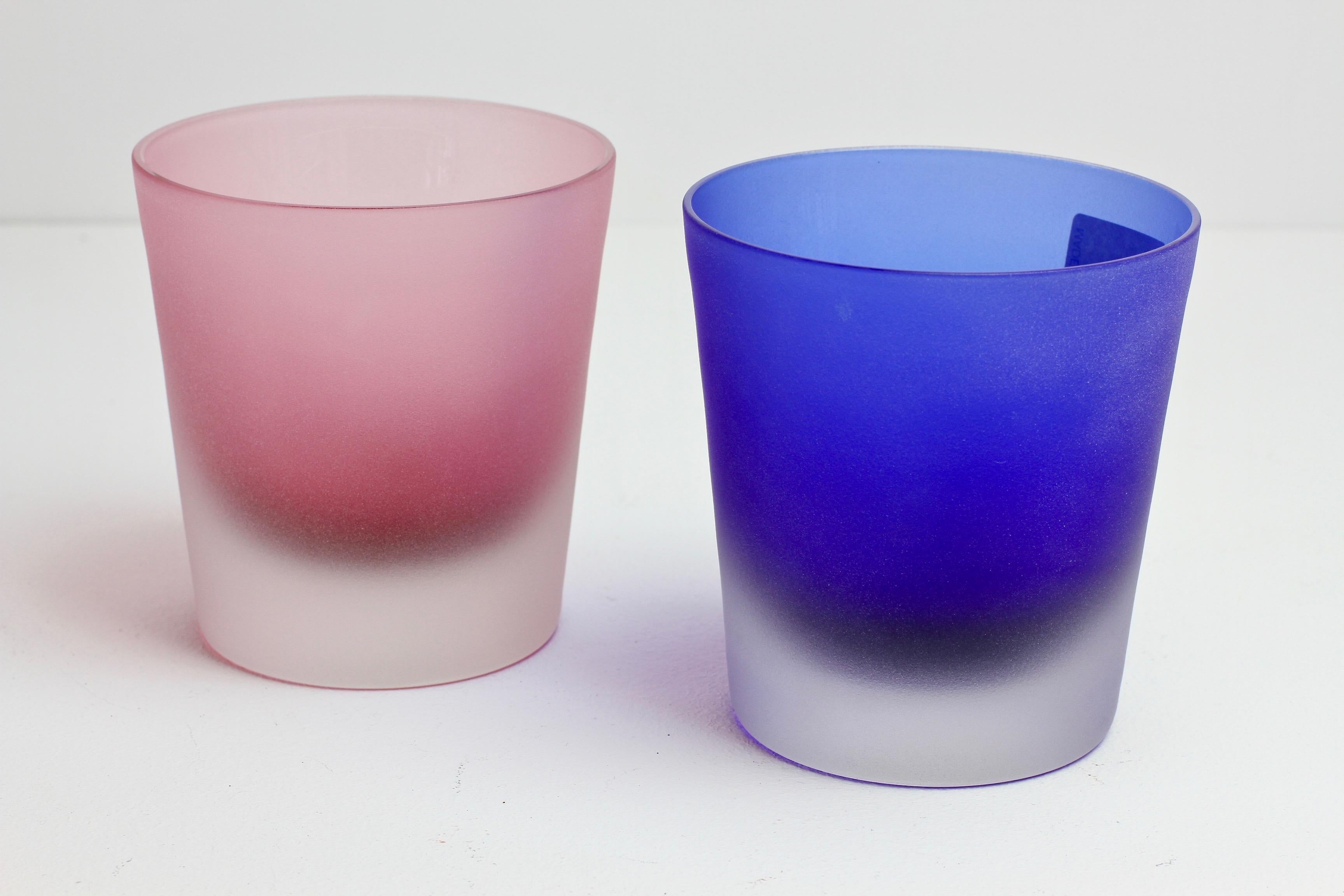 Italian Signed Cenedese Frosted Glass Scavo His and Her's Pink & Blue Colored Glasses For Sale