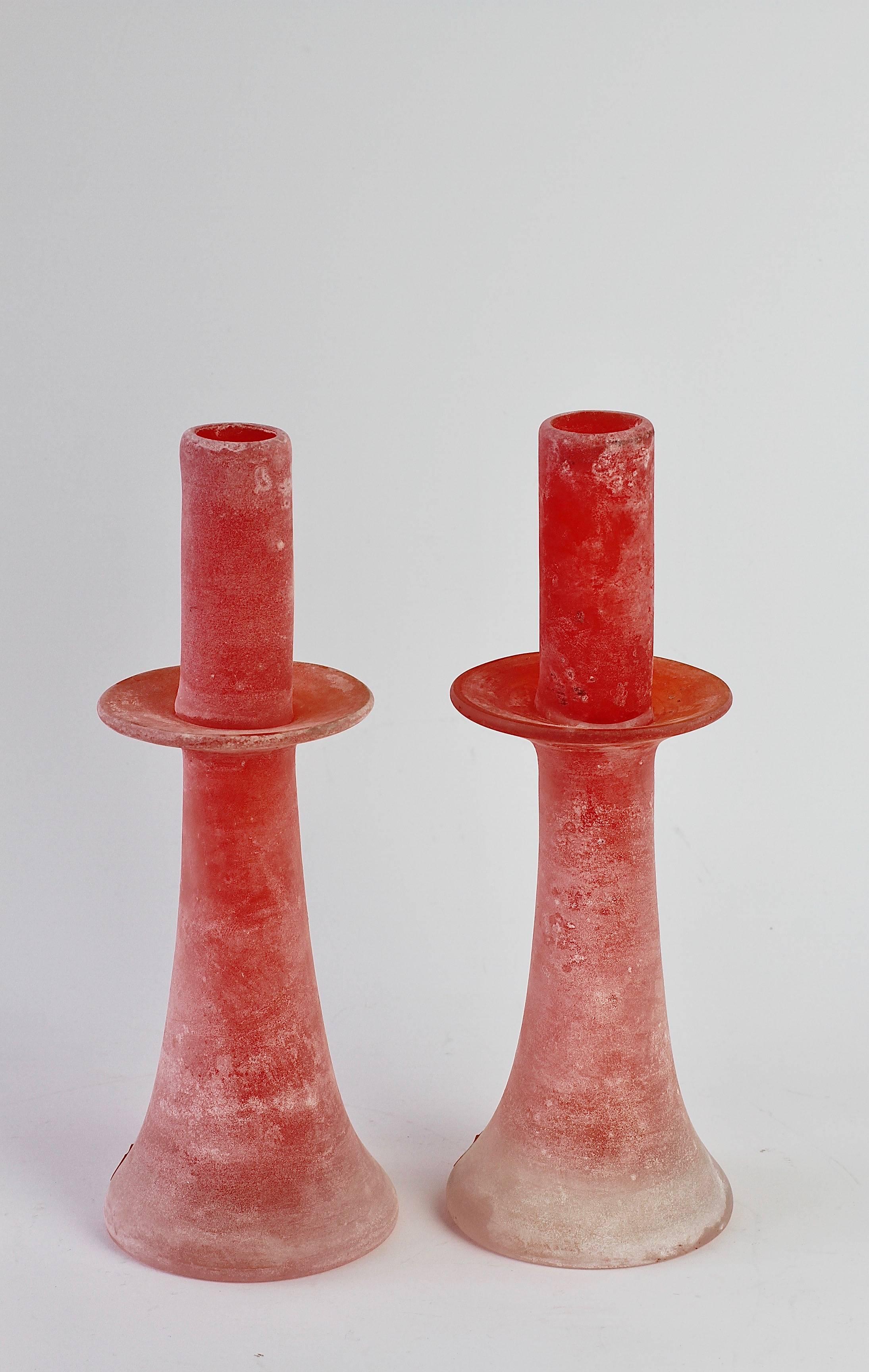 Mid-Century Modern Signed Cenedese Italian Pair of Murano Scavo Glass Candlestick Holders