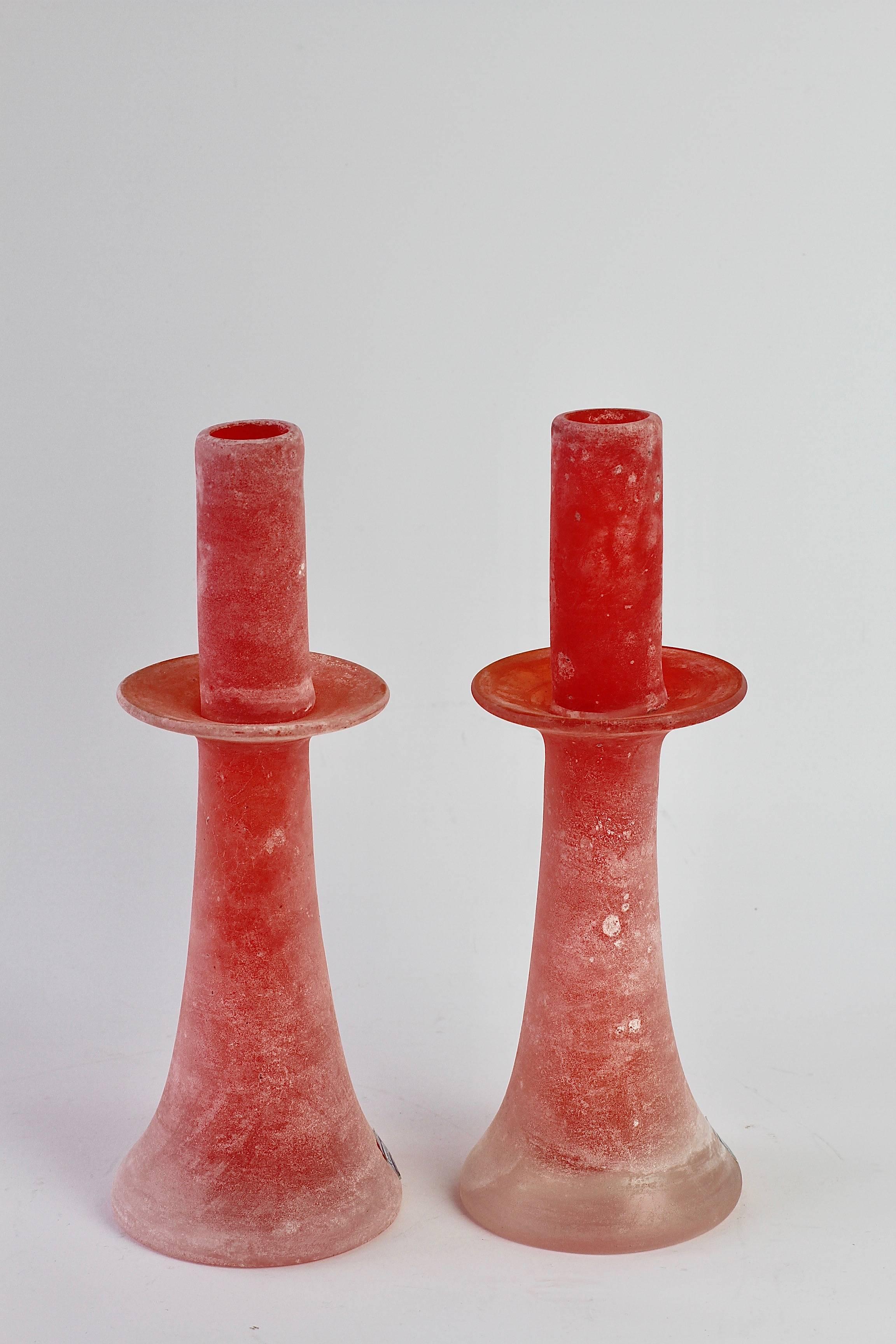 Mid-20th Century Signed Cenedese Italian Pair of Murano Scavo Glass Candlestick Holders